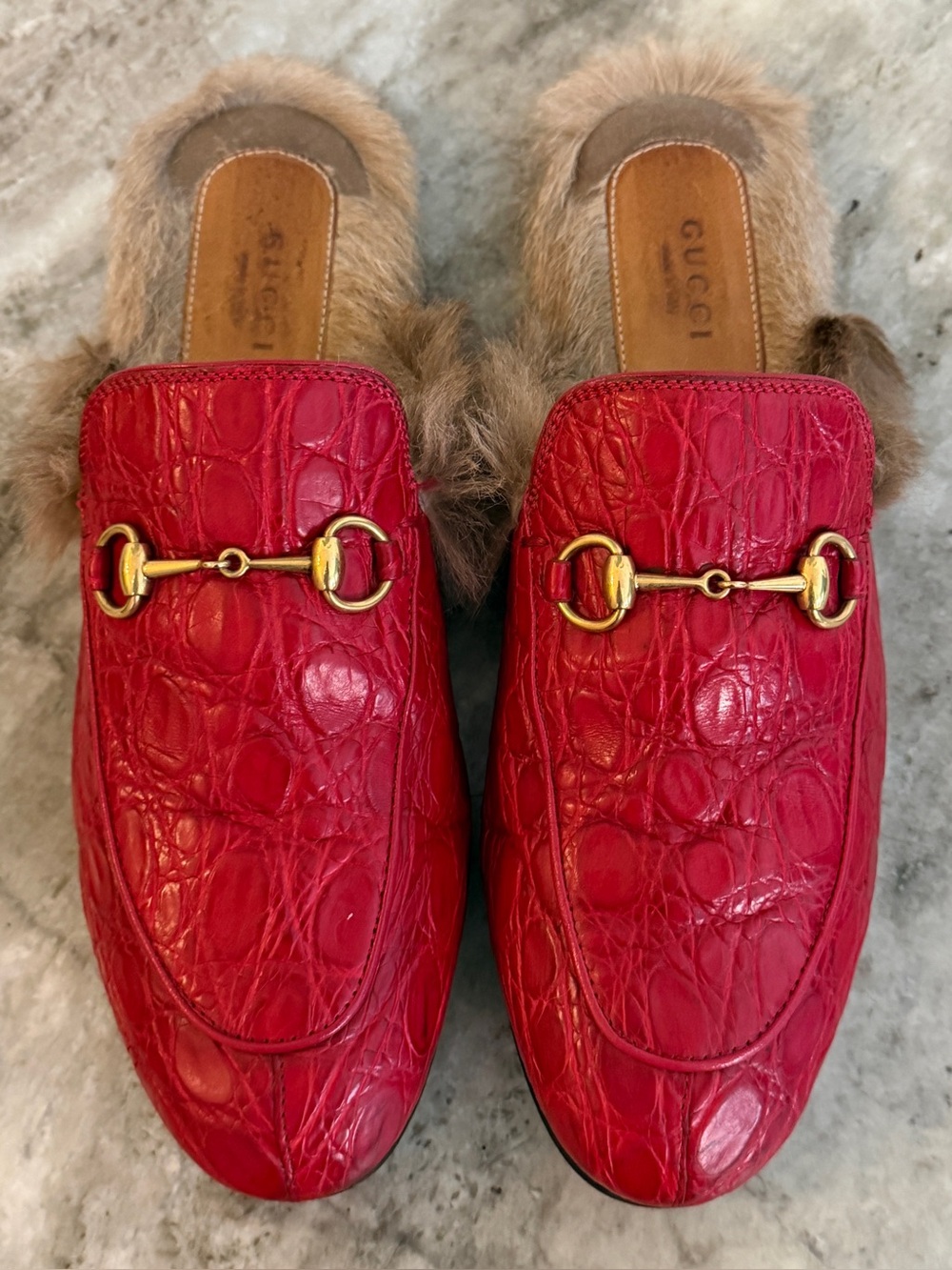 GUCCI GENUINE CROCODILE PRINCETOWN HORSEBIT SLIDES LOAFER RED FUR $4700 38/ 8 US